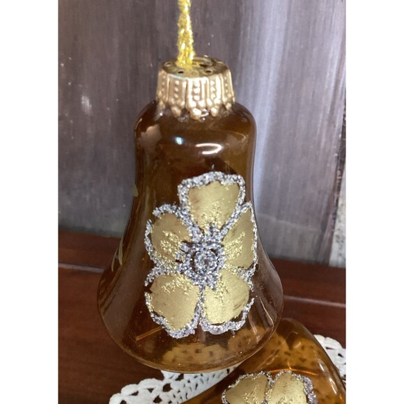 Vintage Blown Glass Bell Christmas Ornaments West Germany Brown & Gold Glitter - Picture 2 of 16